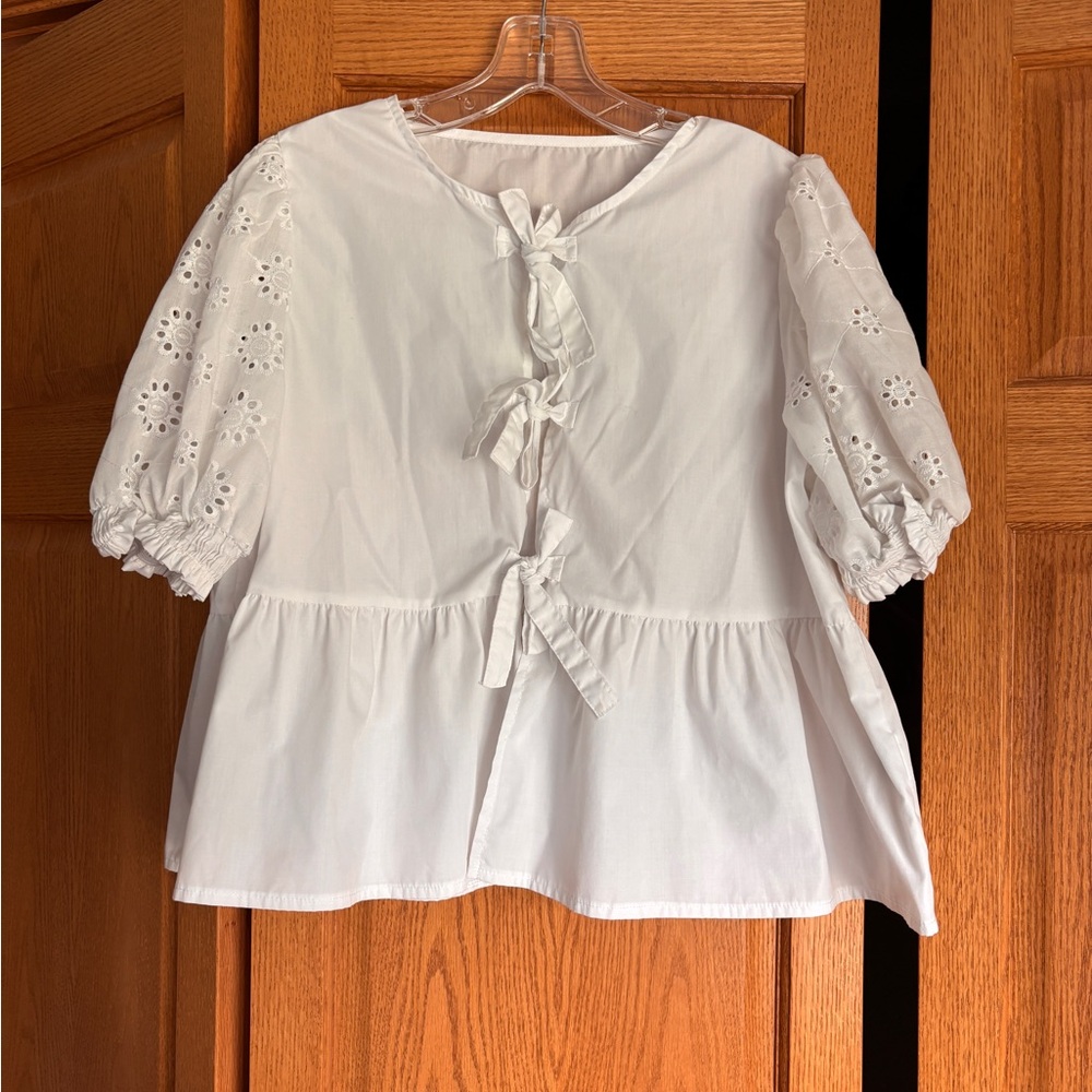 SHEIN White Blouse with Eyelet and Bow Accents L